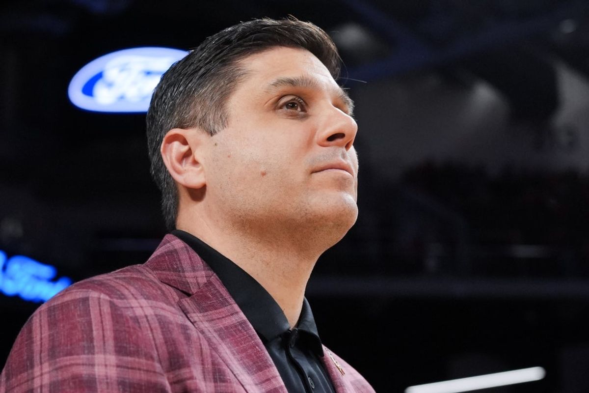 Mar 3, 2026; Cincinnati, Ohio, USA;  Cincinnati Bearcats head coach Wes Miller stands on the court as his team’s senior players are honored before the game against the BYU Cougars at Fifth Third Arena. Mandatory Credit: Aaron Doster-Imagn Images