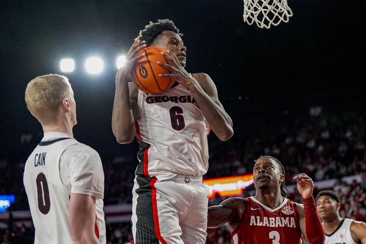 Mar 3, 2026; Athens, Georgia, USA; Georgia Bulldogs forward Kanon Catchings (6) grabs a rebound against the Alabama Crimson Tide during the second half at Stegeman Coliseum. Mandatory Credit: Dale Zanine-Imagn Images