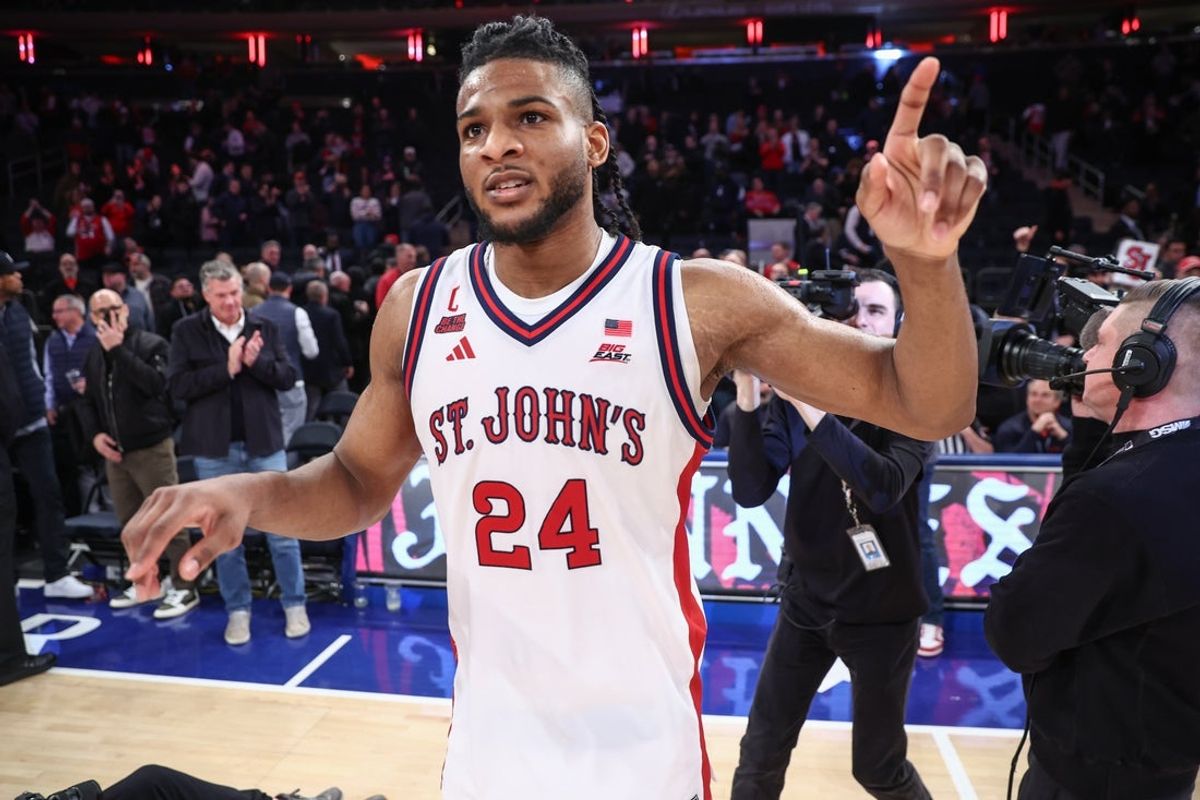 Mar 3, 2026; New York, New York, USA;  St. John's Red Storm forward Zuby Ejiofor (24) walks off the court after defeating the Georgetown Hoyas 72-69 at Madison Square Garden. Mandatory Credit: Wendell Cruz-Imagn Images