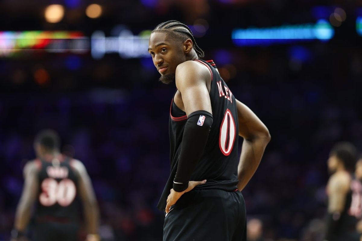 Mar 3, 2026; Philadelphia, Pennsylvania, USA; Philadelphia 76ers guard Tyrese Maxey (0) looks on after a play against the San Antonio Spurs during the second quarter at Xfinity Mobile Arena. Mandatory Credit: Bill Streicher-Imagn Images
