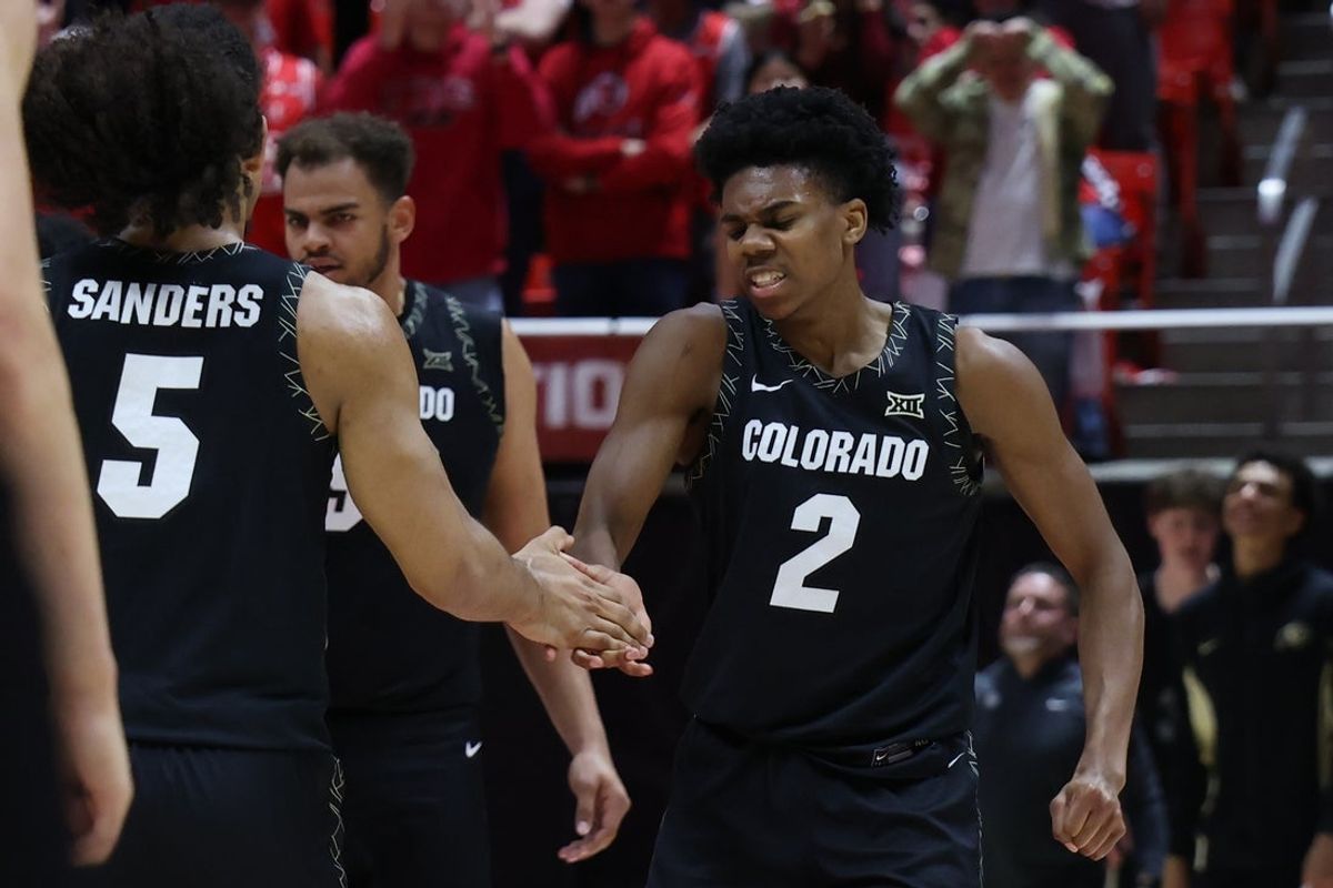 Mar 3, 2026; Salt Lake City, Utah, USA; Colorado Buffaloes guard Isaiah Johnson (2) reacts to a play against the Utah Utes by guard Josiah Sanders (5) during the first half at Jon M. Huntsman Center. Mandatory Credit: Rob Gray-Imagn Images