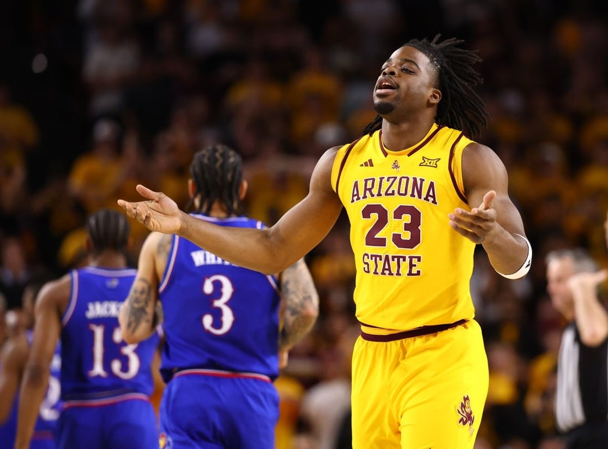 Mar 3, 2026; Tempe, Arizona, USA; Arizona State Sun Devils forward Allen Mukeba (23) reacts against the Kansas Jayhawks in the first half at Desert Financial Arena. Mandatory Credit: Mark J. Rebilas-Imagn Images