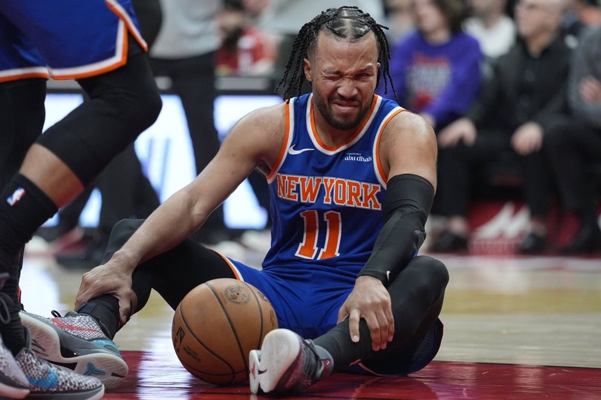 Mar 3, 2026; Toronto, Ontario, CAN; New York Knicks guard Jalen Brunson (11) reacts after getting poked in the eye during a collision with a Toronto Raptors player during the second half at Scotiabank Arena. Mandatory Credit: John E. Sokolowski-Imagn Images