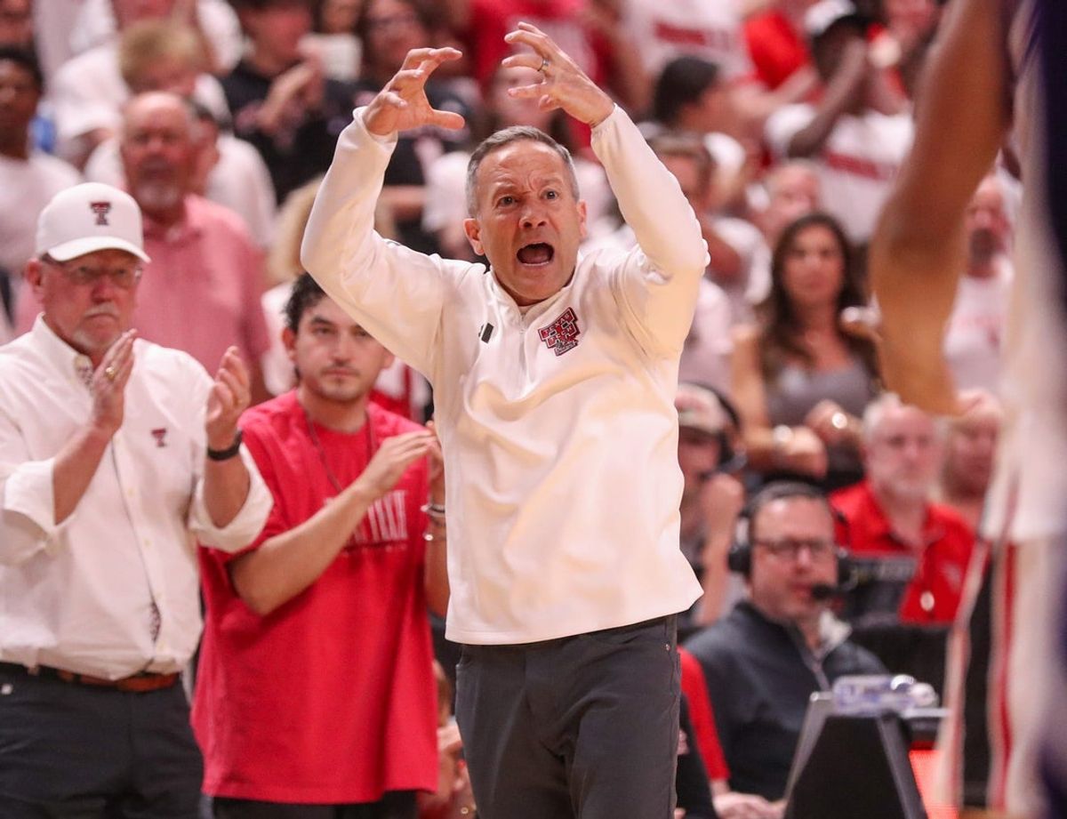 Texas Tech head coach Grant McCasland gestures to his team against TCU during a Big 12 Conference men's basketball game, Tuesday, March 3, 2026, in United Supermarkets Arena.