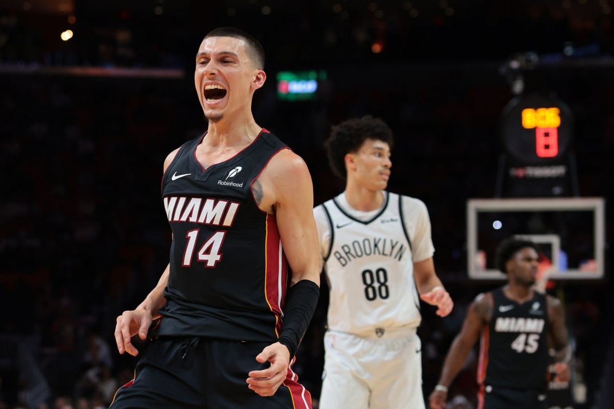 Mar 3, 2026; Miami, Florida, USA; Miami Heat guard Tyler Herro (14) reacts against the Brooklyn Nets during the third quarter at Kaseya Center. Mandatory Credit: Sam Navarro-Imagn Images