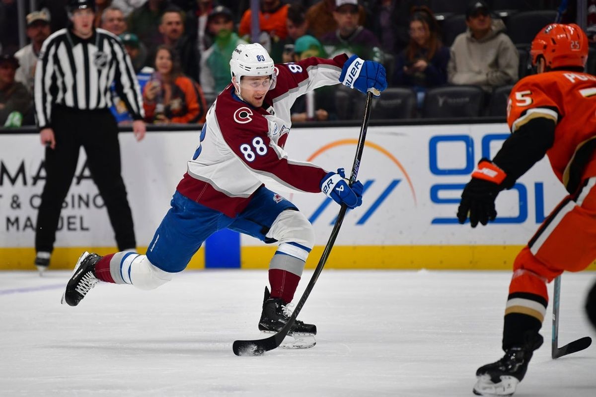 Mar 3, 2026; Anaheim, California, USA; Colorado Avalanche center Martin Necas (88) shoots on goal against the Anaheim Ducks during the first period at Honda Center. Mandatory Credit: Gary A. Vasquez-Imagn Images
