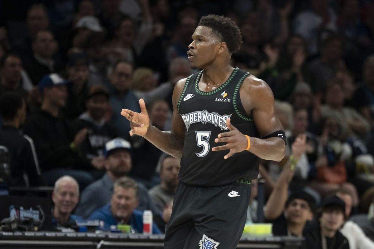 Mar 3, 2026; Minneapolis, Minnesota, USA; Minnesota Timberwolves guard Anthony Edwards (5) celebrates after a three point basket against the Memphis Grizzlies in the second half at Target Center. Mandatory Credit: Jesse Johnson-Imagn Images