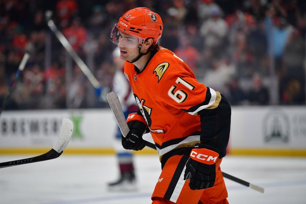 Mar 3, 2026; Anaheim, California, USA; Anaheim Ducks left wing Cutter Gauthier (61) celebrates his goal scored against the Colorado Avalanche during the second period at Honda Center. Mandatory Credit: Gary A. Vasquez-Imagn Images