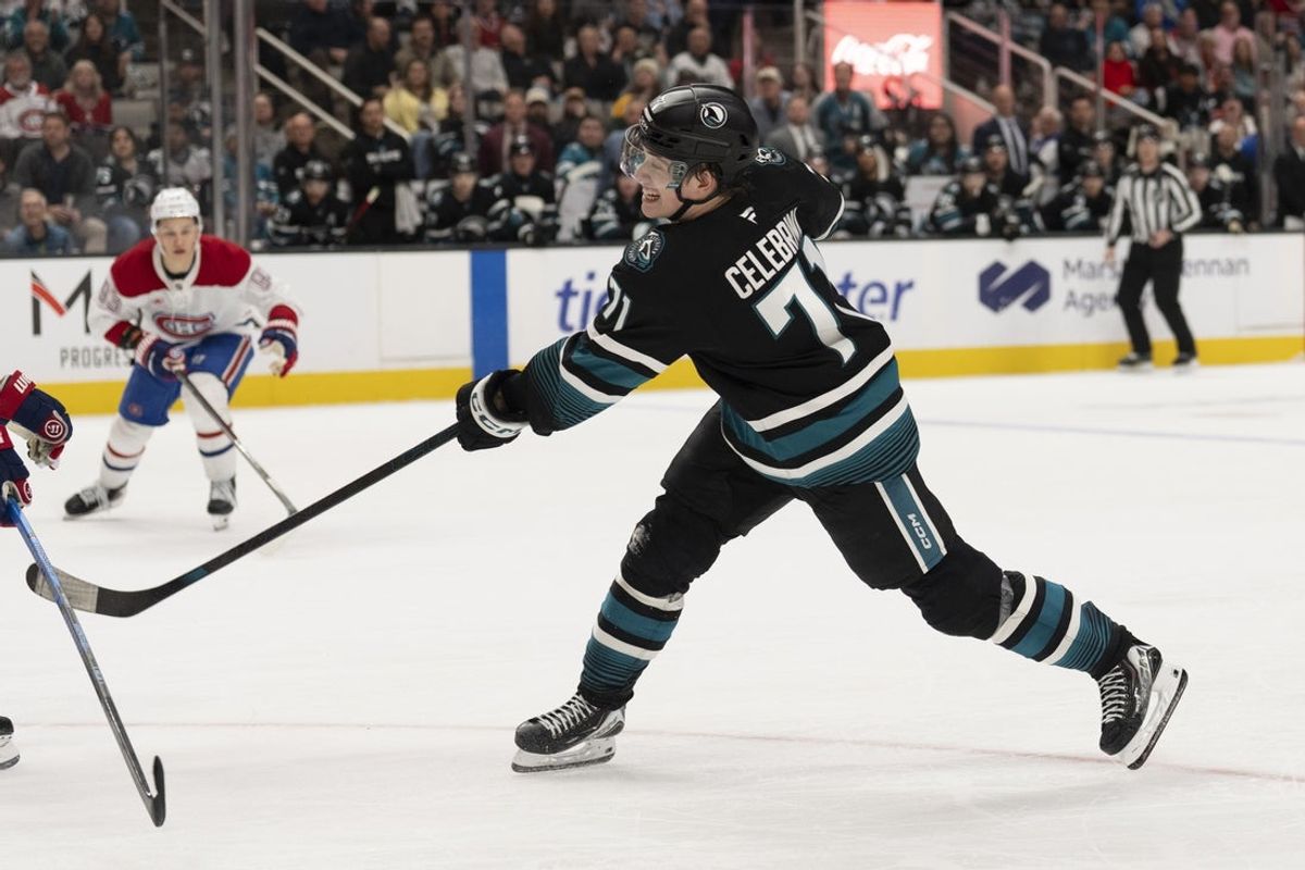 Mar 3, 2026; San Jose, California, USA;  San Jose Sharks center Macklin Celebrini (71) shoots the puck and scores a goal during the second period against the Montreal Canadiens at SAP Center at San Jose. Mandatory Credit: Stan Szeto-Imagn Images