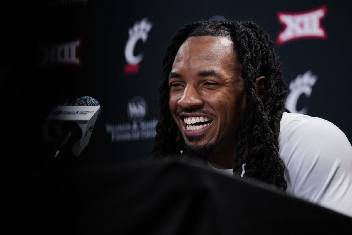 Mar 3, 2026; Cincinnati, Ohio, USA;  Cincinnati Bearcats guard Day Day Thomas answers media questions after his team’s game against the BYU Cougars at Fifth Third Arena. Mandatory Credit: Aaron Doster-Imagn Images