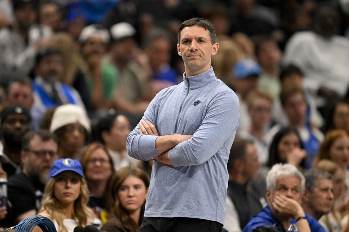 Mar 1, 2026; Dallas, Texas, USA; Oklahoma City Thunder head coach Mark Daigneault looks on during the game between the Mavericks and the Thunder at American Airlines Center. Mandatory Credit: Jerome Miron-Imagn Images