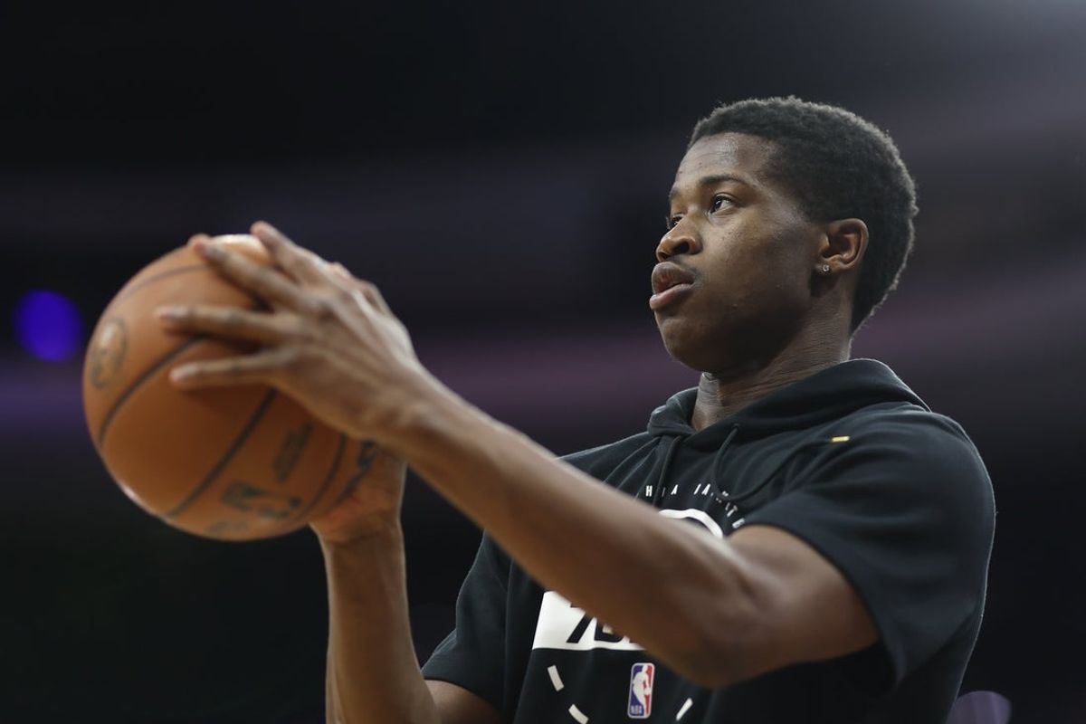 Mar 3, 2026; Philadelphia, Pennsylvania, USA; Philadelphia 76ers guard Vj Edgecombe before action against the San Antonio Spurs at Xfinity Mobile Arena. Mandatory Credit: Bill Streicher-Imagn Images