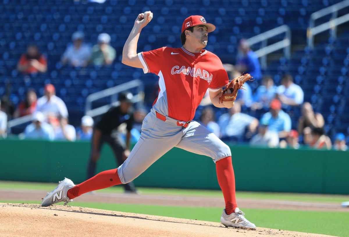 Mar 4, 2026; Clearwater, FL, USA; Canada starting pitcher Cal Quantrill (47) throws a pitch during the first inning against the Philadelphia Phillies at BayCare Ballpark. Mandatory Credit: Kim Klement Neitzel-Imagn Images