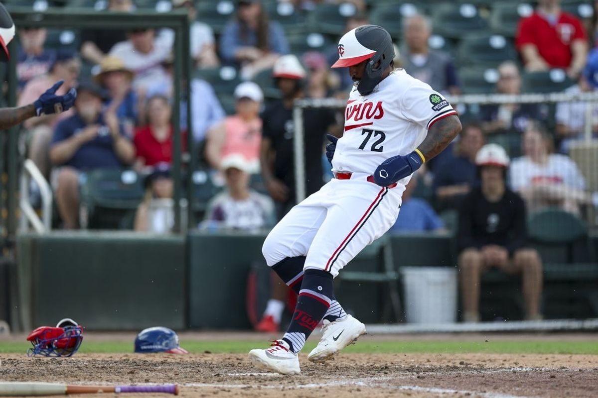 Mar 4, 2026; Fort Myers, Florida, USA; Minnesota Twins right fielder Gabriel Gonzalez (72) scores a run on a wild pitch against the Puerto Rico in the seventh inning during spring training at Lee Health Sports Complex/Hammond Stadium. Mandatory Credit: Nathan Ray Seebeck-Imagn Images