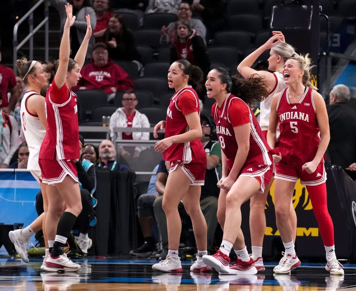 The Indiana Hoosiers celebrate after defeating the Nebraska Cornhuskers during a Big Ten women's basketball tournament game Wednesday, March 4, 2026, at Gainbridge Fieldhouse in Indianapolis. Indiana defeated Nebraska 72-69.