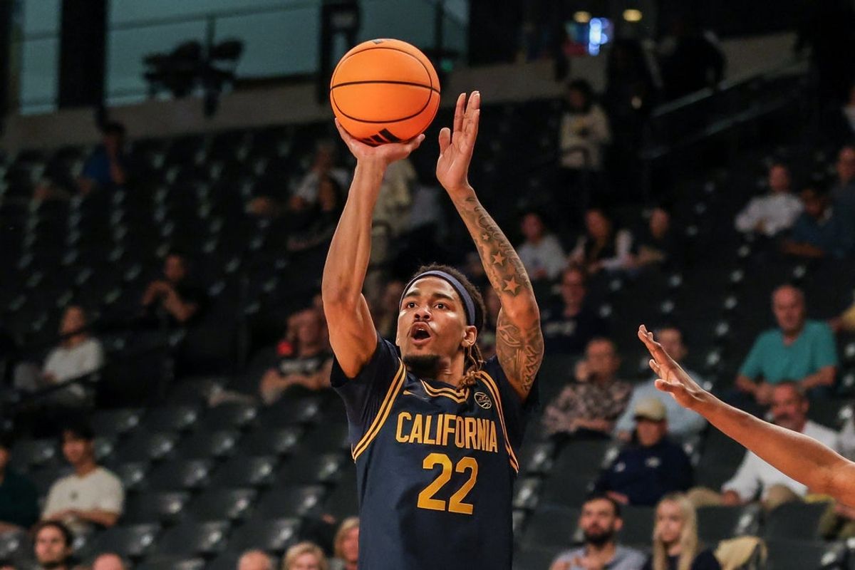 Mar 4, 2026; Atlanta, Georgia, USA; California Golden Bears forward Chris Bell (22) attempts a three point shot against the Georgia Tech Yellow Jackets during the first half at McCamish Pavilion. Mandatory Credit: Jordan Godfree-Imagn Images