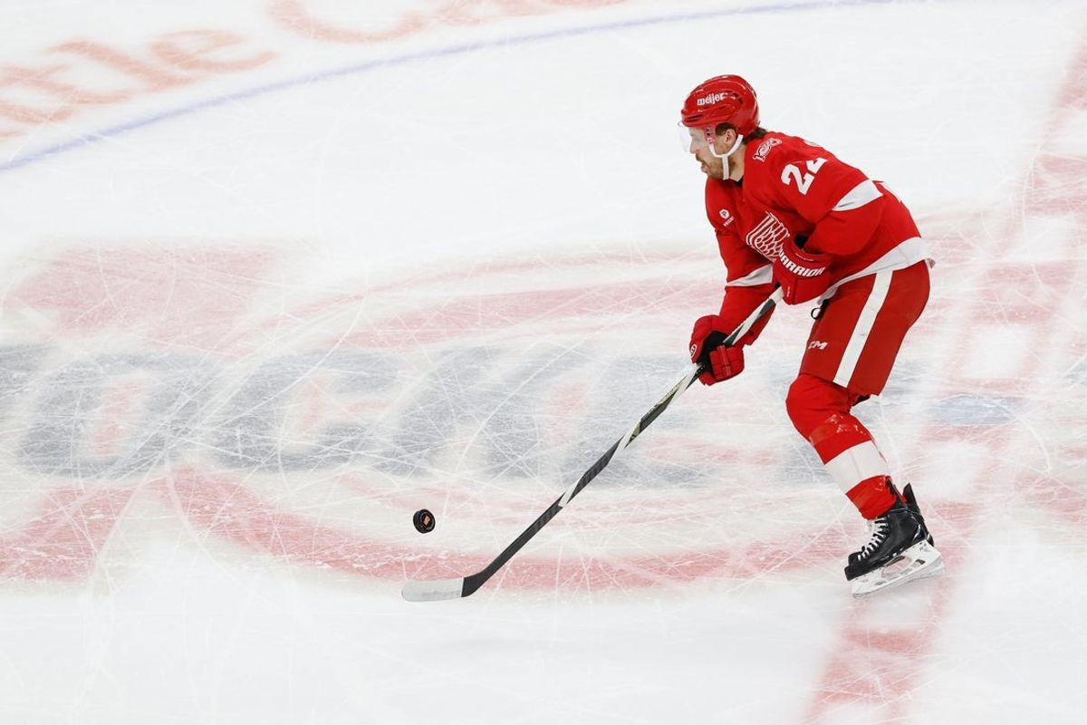Mar 4, 2026; Detroit, Michigan, USA;  Detroit Red Wings center Mason Appleton (22) skates with the puck in the first period against the Vegas Golden Knights at Little Caesars Arena. Mandatory Credit: Rick Osentoski-Imagn Images