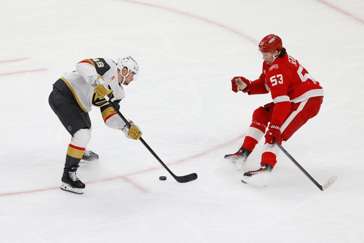 Mar 4, 2026; Detroit, Michigan, USA;  Vegas Golden Knights left wing Ivan Barbashev (49) skates with the puck defended by Detroit Red Wings defenseman Moritz Seider (53) in the first period at Little Caesars Arena. Mandatory Credit: Rick Osentoski-Imagn Images