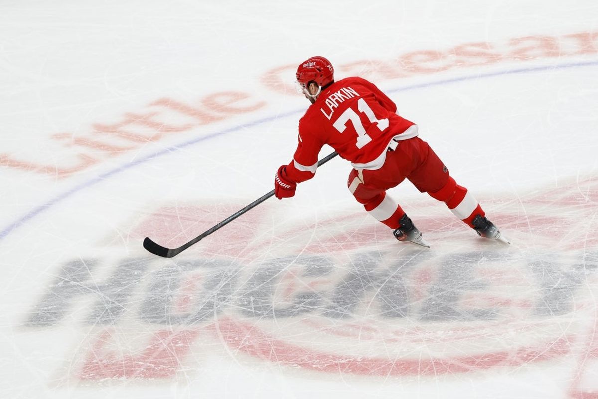 Mar 4, 2026; Detroit, Michigan, USA;  Detroit Red Wings center Dylan Larkin (71) skates with the puck in the first period against the Vegas Golden Knights at Little Caesars Arena. Mandatory Credit: Rick Osentoski-Imagn Images