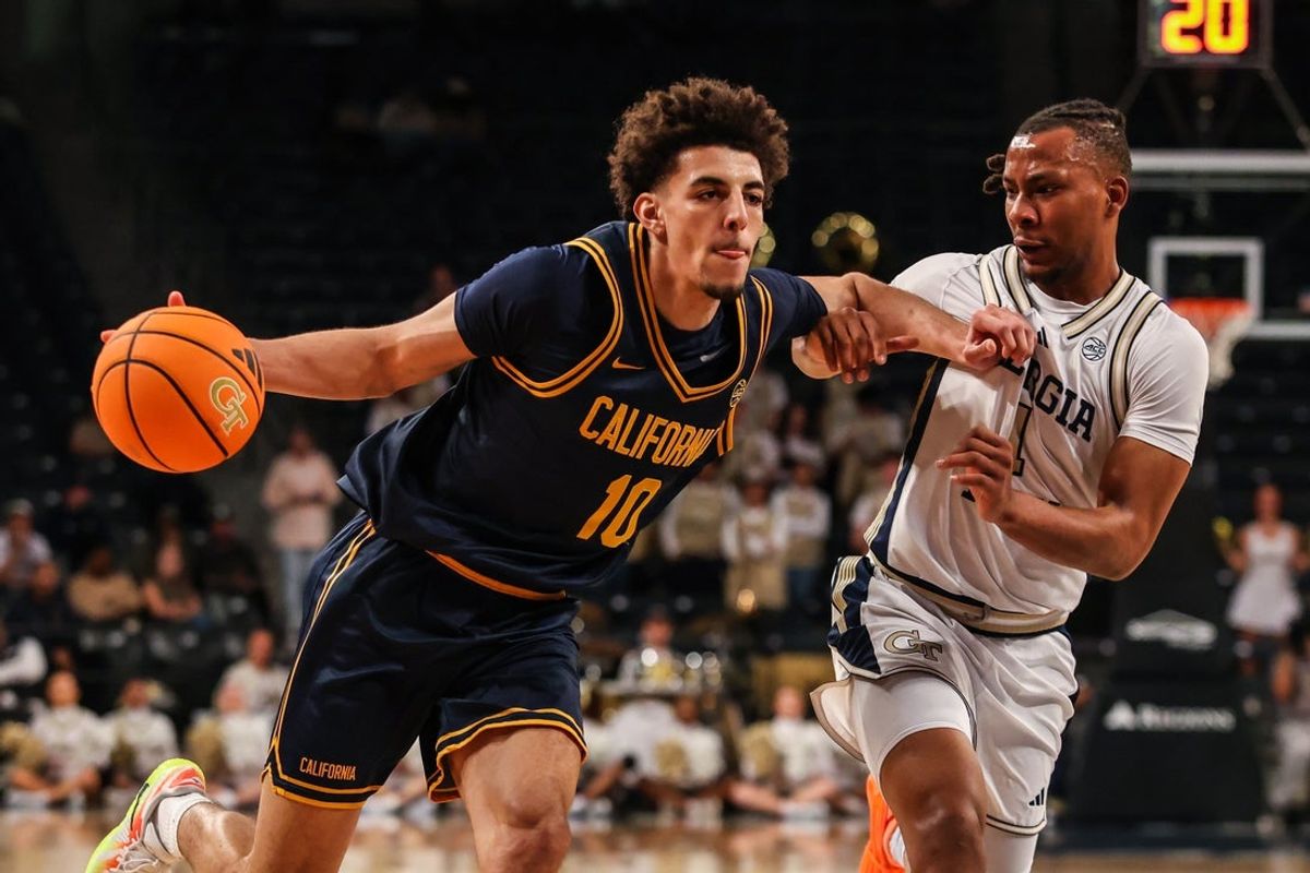 Mar 4, 2026; Atlanta, Georgia, USA; California Golden Bears guard Justin Pippen (10) drives the ball towards the basket against Georgia Tech Yellow Jackets guard Lamar Washington (1) during the first half at McCamish Pavilion. Mandatory Credit: Jordan Godfree-Imagn Images