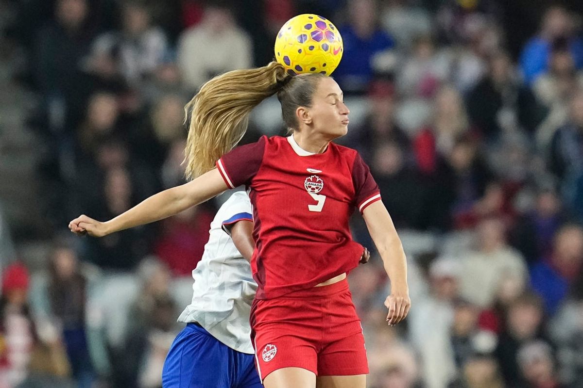 Canada forward Jordyn Huitema (9) heads a ball during the SheBelieves Cup against United States at ScottsMiracle-Gro Field in Columbus on March 4, 2026. The United States won 1-0.