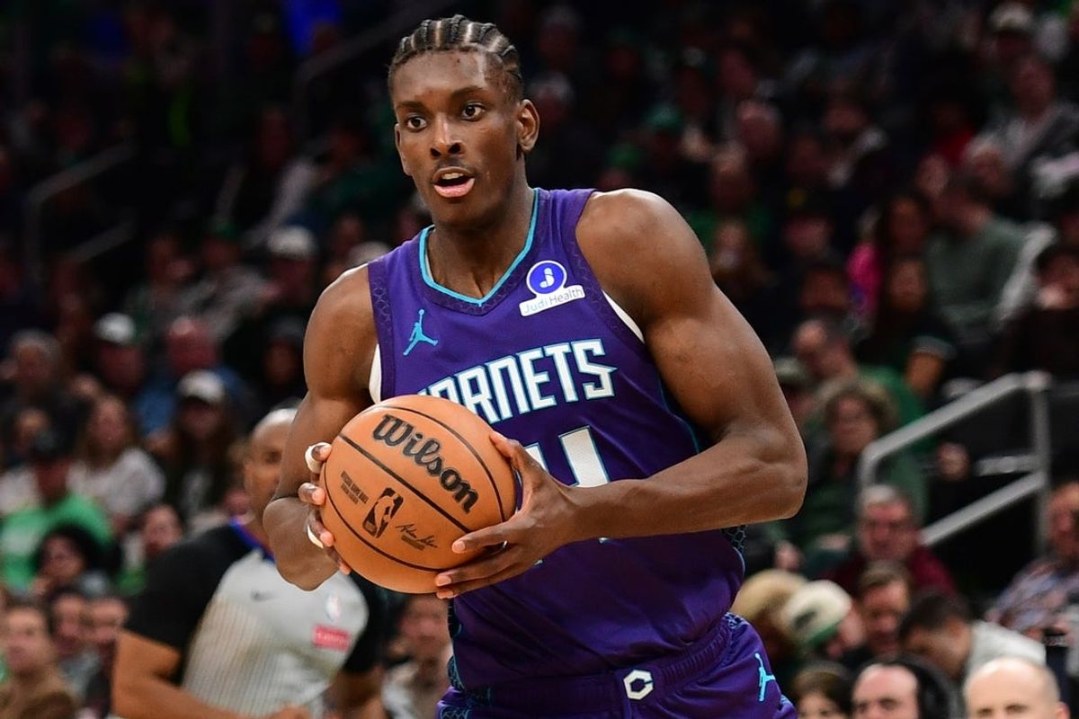 Mar 4, 2026; Boston, Massachusetts, USA;  Charlotte Hornets forward Moussa Diabate (14) drives to the basket during the second half against the Boston Celtics at TD Garden. Mandatory Credit: Bob DeChiara-Imagn Images