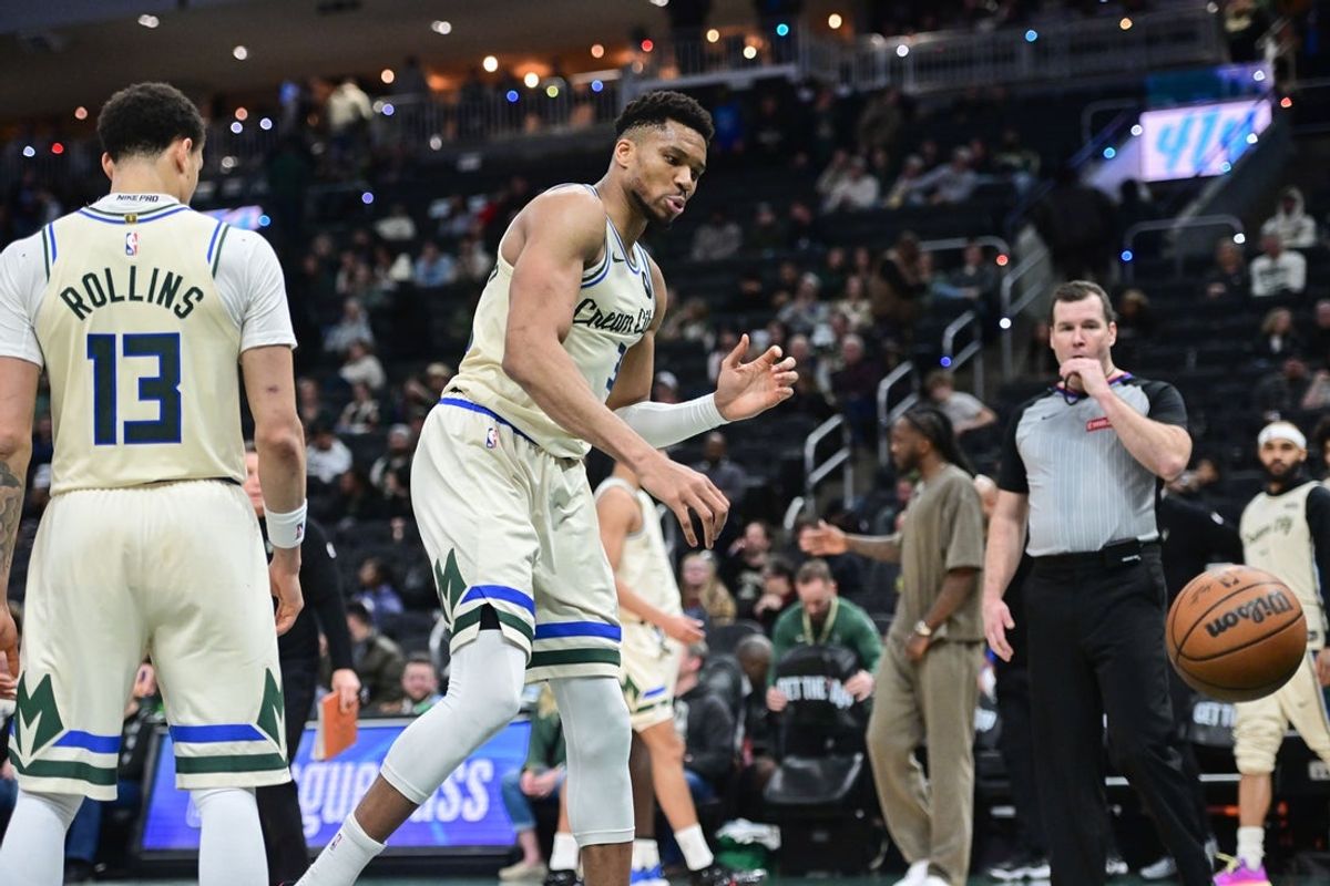 Mar 4, 2026; Milwaukee, Wisconsin, USA; Milwaukee Bucks forward Giannis Antetokounmpo (34) slams the ball against the post in the fourth quarter against the Atlanta Hawks at Fiserv Forum. Mandatory Credit: Benny Sieu-Imagn Images