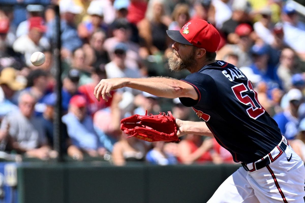Mar 5, 2026; North Port, Florida, USA; Atlanta Braves starting pitcher Chris Sale (51) throws a pitch in the first inning against the Toronto Blue Jays during spring training at CoolToday Park. Mandatory Credit: Jonathan Dyer-Imagn Images