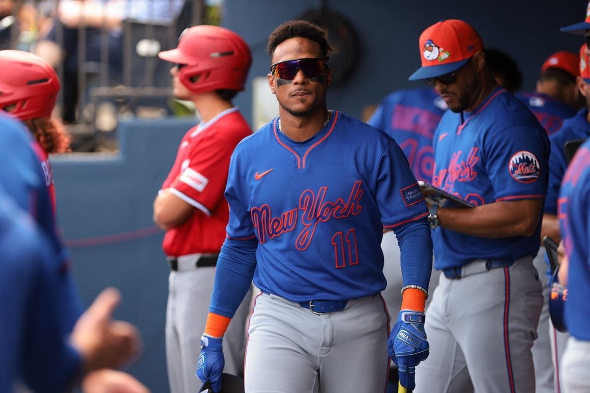 Mar 5, 2026; West Palm Beach, Florida, USA; New York Mets second baseman Jorge Polanco (11) looks on before the game against the Washington Nationals at CACTI Park of the Palm Beaches. Mandatory Credit: Sam Navarro-Imagn Images