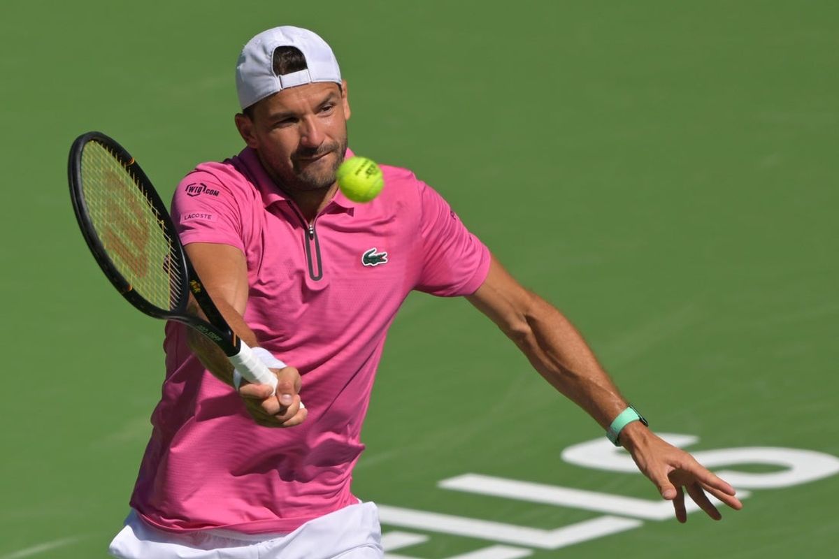 Mar 5, 2026; Indian Wells, CA, USA;  Grigor Dimitrov (BUL) hits a shot in his first round match as he defeated Terence Atmane (FRA) during the BNP Paribas Open at the Indian Wells Tennis Garden. Mandatory Credit: Jayne Kamin-Oncea-Imagn Images