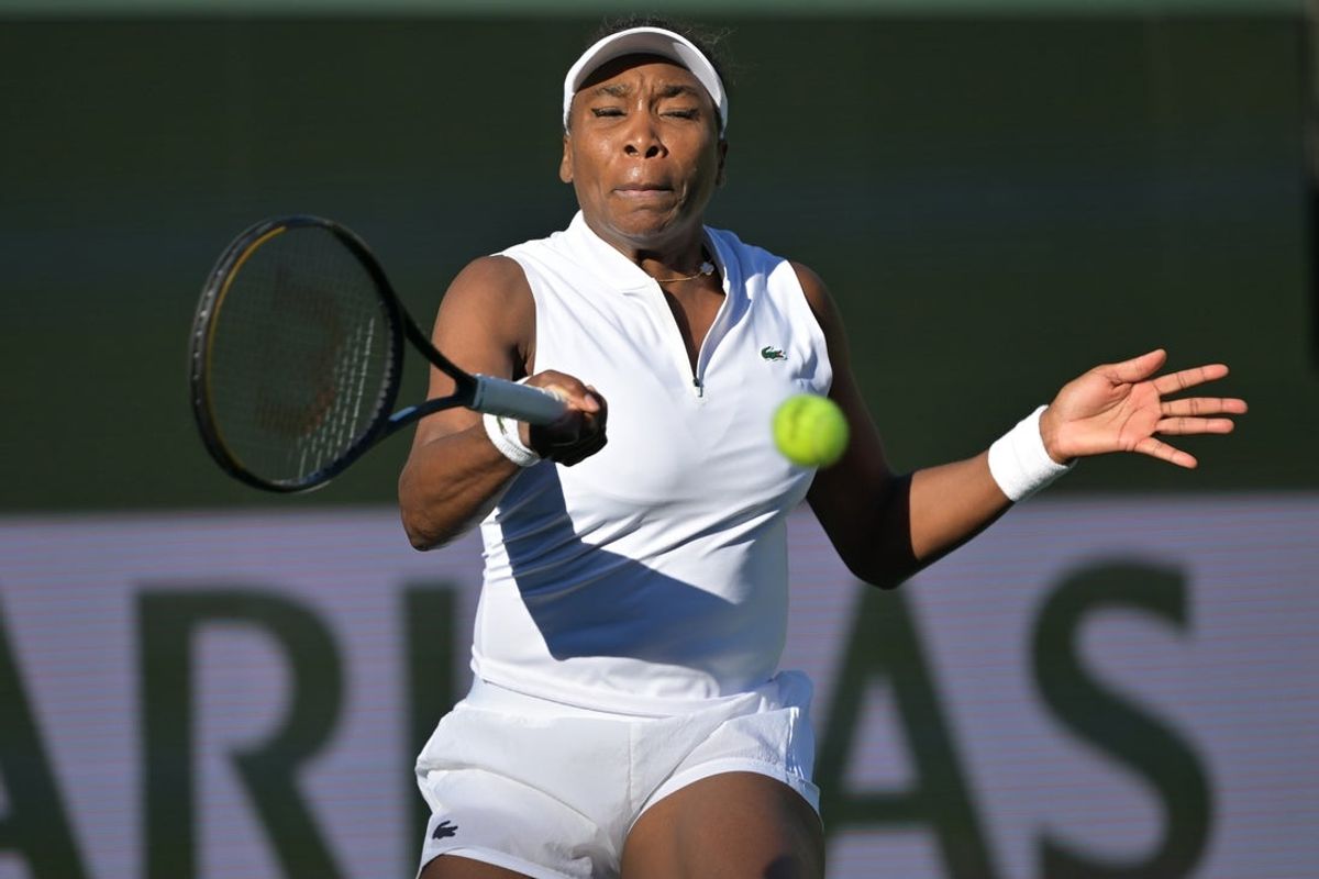 Mar 5, 2026; Indian Wells, CA, USA;  Venus Williams (USA) hits a shot during her first round match against Diane Parry (FRA) during the BNP Paribas Open at the Indian Wells Tennis Garden. Mandatory Credit: Jayne Kamin-Oncea-Imagn Images