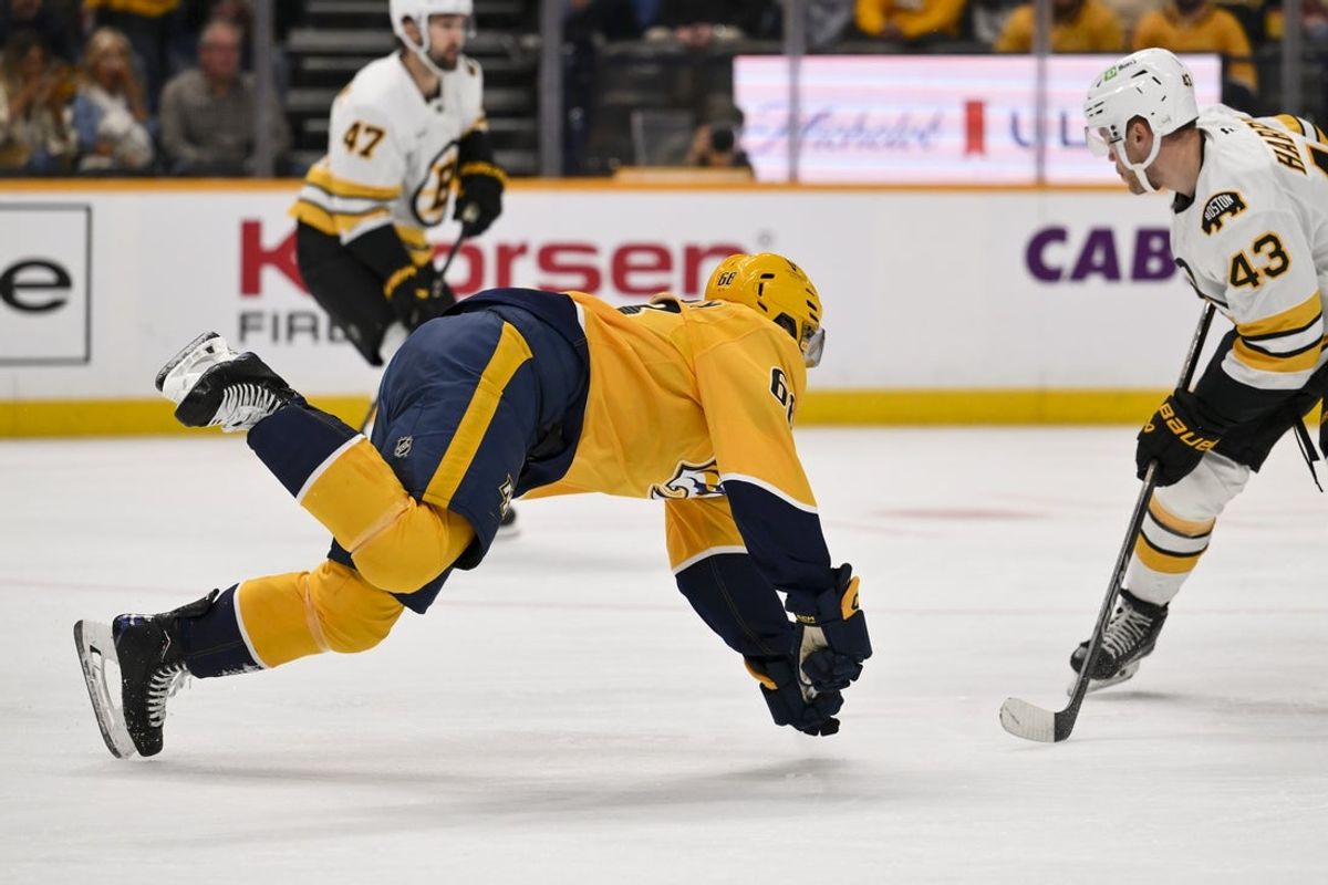 Mar 5, 2026; Nashville, Tennessee, USA;  Nashville Predators left wing Zachary L'Heureux (68) scores a goal against the Boston Bruins during the first period at Bridgestone Arena. Mandatory Credit: Steve Roberts-Imagn Images