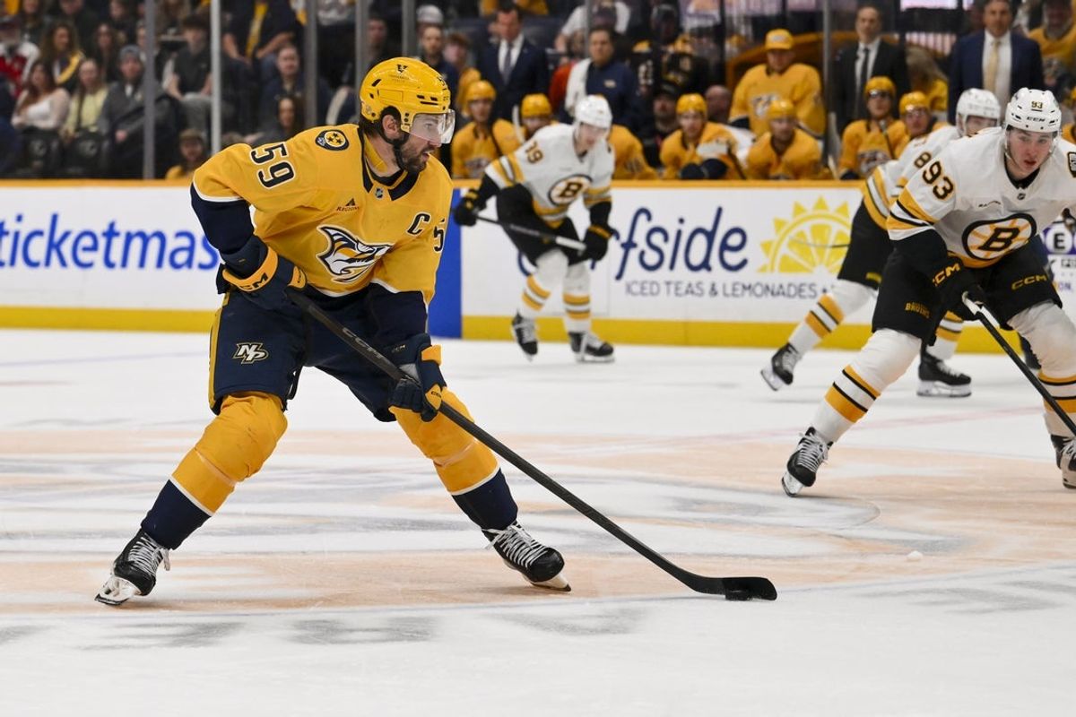 Mar 5, 2026; Nashville, Tennessee, USA;  Nashville Predators defenseman Roman Josi (59) skates with the puck against the Boston Bruins during the first period at Bridgestone Arena. Mandatory Credit: Steve Roberts-Imagn Images