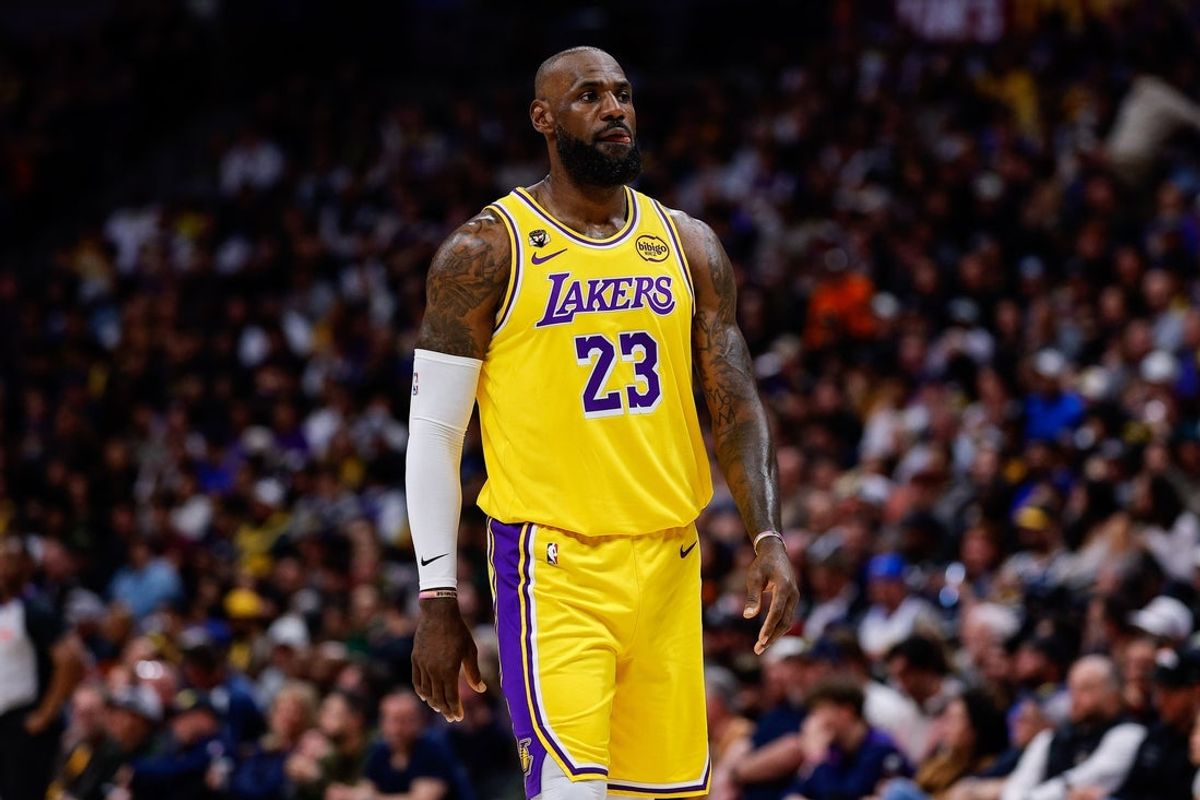 Mar 5, 2026; Denver, Colorado, USA; Los Angeles Lakers forward LeBron James (23) in the first quarter against the Denver Nuggets at Ball Arena. Mandatory Credit: Isaiah J. Downing-Imagn Images
