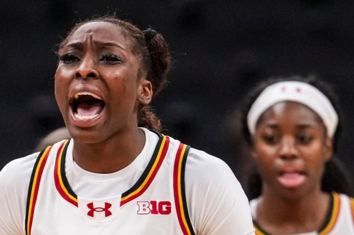 Maryland Terrapins forward Isimenme Ozzy-Momodu (9) celebrates Thursday, March 5, 2026, during a Big Ten women's basketball tournament game at Gainbridge Fieldhouse in Indianapolis. The Oregon Ducks defeated the Maryland Terrapins, 73-68.