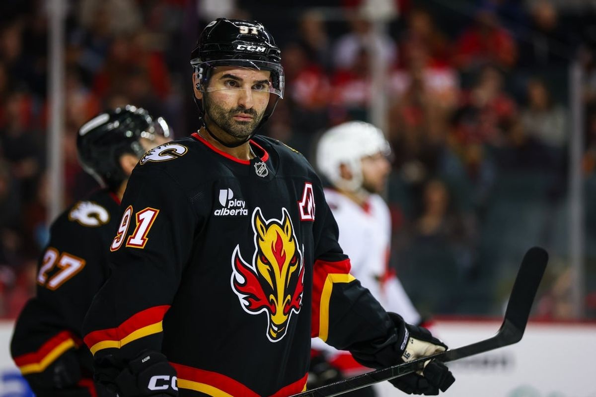 Mar 5, 2026; Calgary, Alberta, CAN; Calgary Flames center Nazem Kadri (91) against the Ottawa Senators during the third period at Scotiabank Saddledome. Mandatory Credit: Sergei Belski-Imagn Images