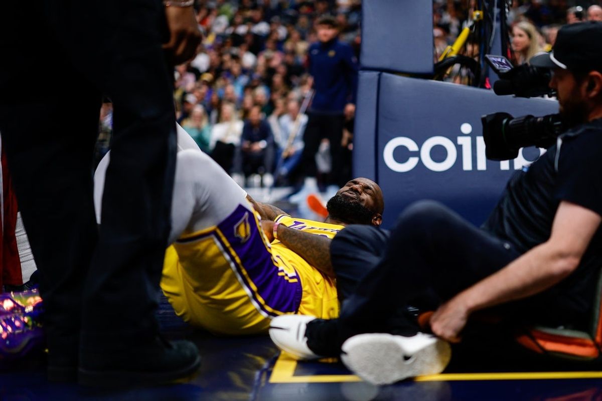 Mar 5, 2026; Denver, Colorado, USA; Los Angeles Lakers forward LeBron James (23) reacts on the court after a play in the fourth quarter against the Denver Nuggets at Ball Arena. Mandatory Credit: Isaiah J. Downing-Imagn Images