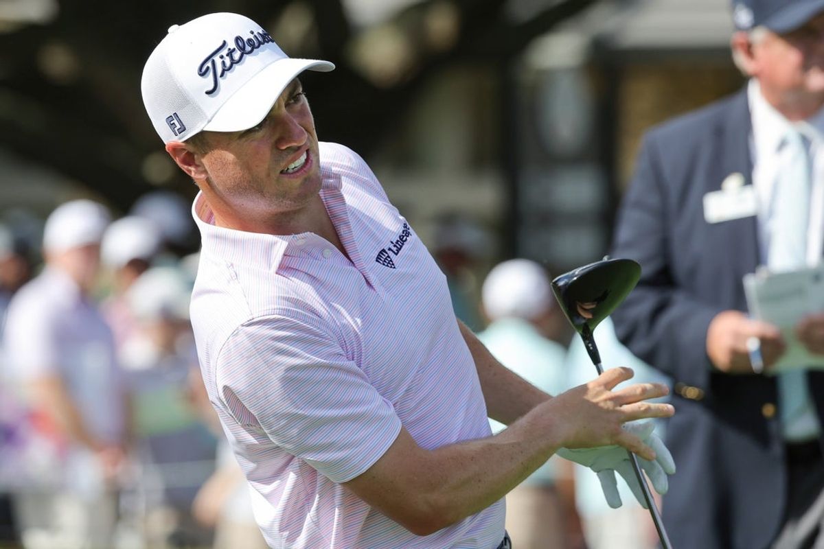 Mar 6, 2026; Orlando, Florida, USA;  Justin Thomas plays his shot from the first tee during the second round of the Arnold Palmer Invitational golf tournament. Mandatory Credit: Reinhold Matay-Imagn Images