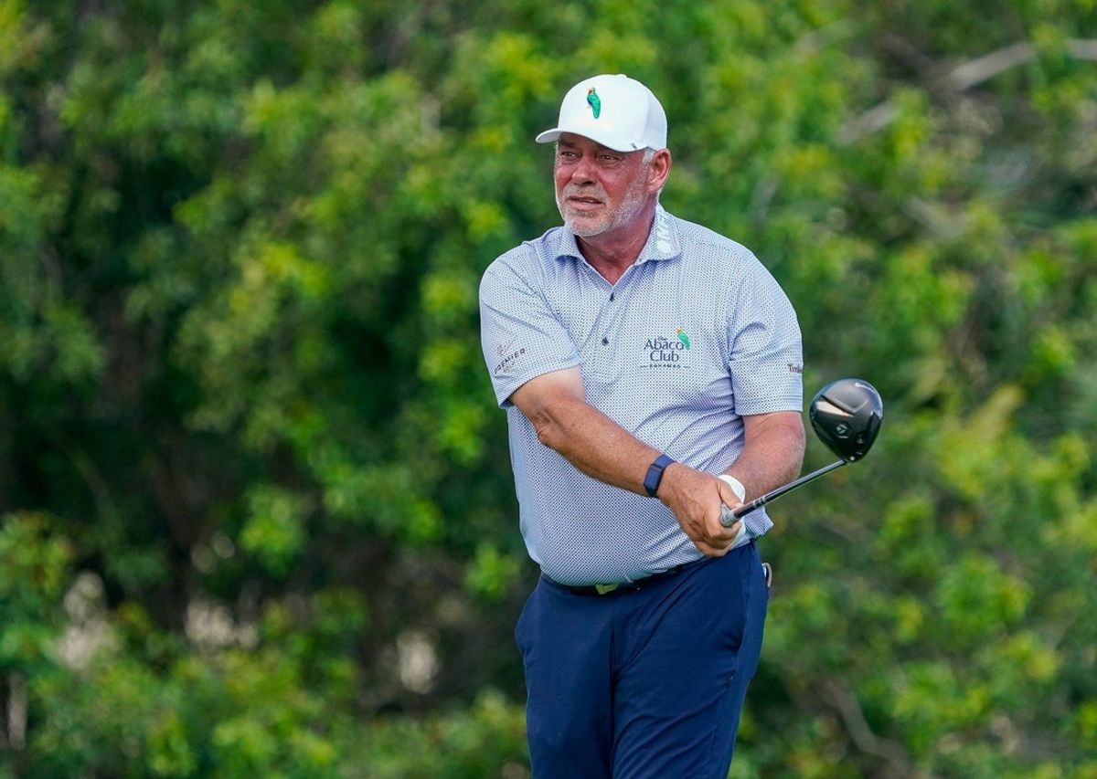 Darren Clarke watches his tee shot on the sixth hole during the first round of the James Hardie Pro Football Hall of Fame Invitational at The Old Course at Broken Sound Club on Friday, March 6, 2026, in Boca Raton, FL.