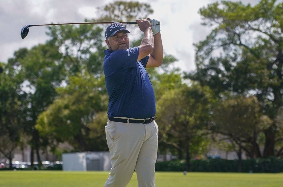 Ricardo Gonzalez watches his tee shot on the second hole during the first round of the James Hardie Pro Football Hall of Fame Invitational at The Old Course at Broken Sound Club on Friday, March 6, 2026, in Boca Raton, FL.