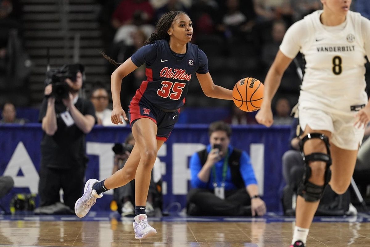 Mar 6, 2026; Greenville, SC, USA; Mississippi Rebels guard Tianna Thompson (35) brings the ball up court against the Vanderbilt Commodores during the first half at Bon Secours Wellness Arena. Mandatory Credit: Jim Dedmon-Imagn Images