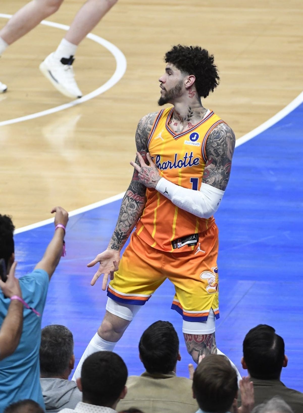 Mar 6, 2026; Charlotte, North Carolina, USA;  Charlotte Hornets guard LaMelo Ball (1) reacts after scoring against the Miami Heat during the first half at the Spectrum Center. Mandatory Credit: Sam Sharpe-Imagn Images