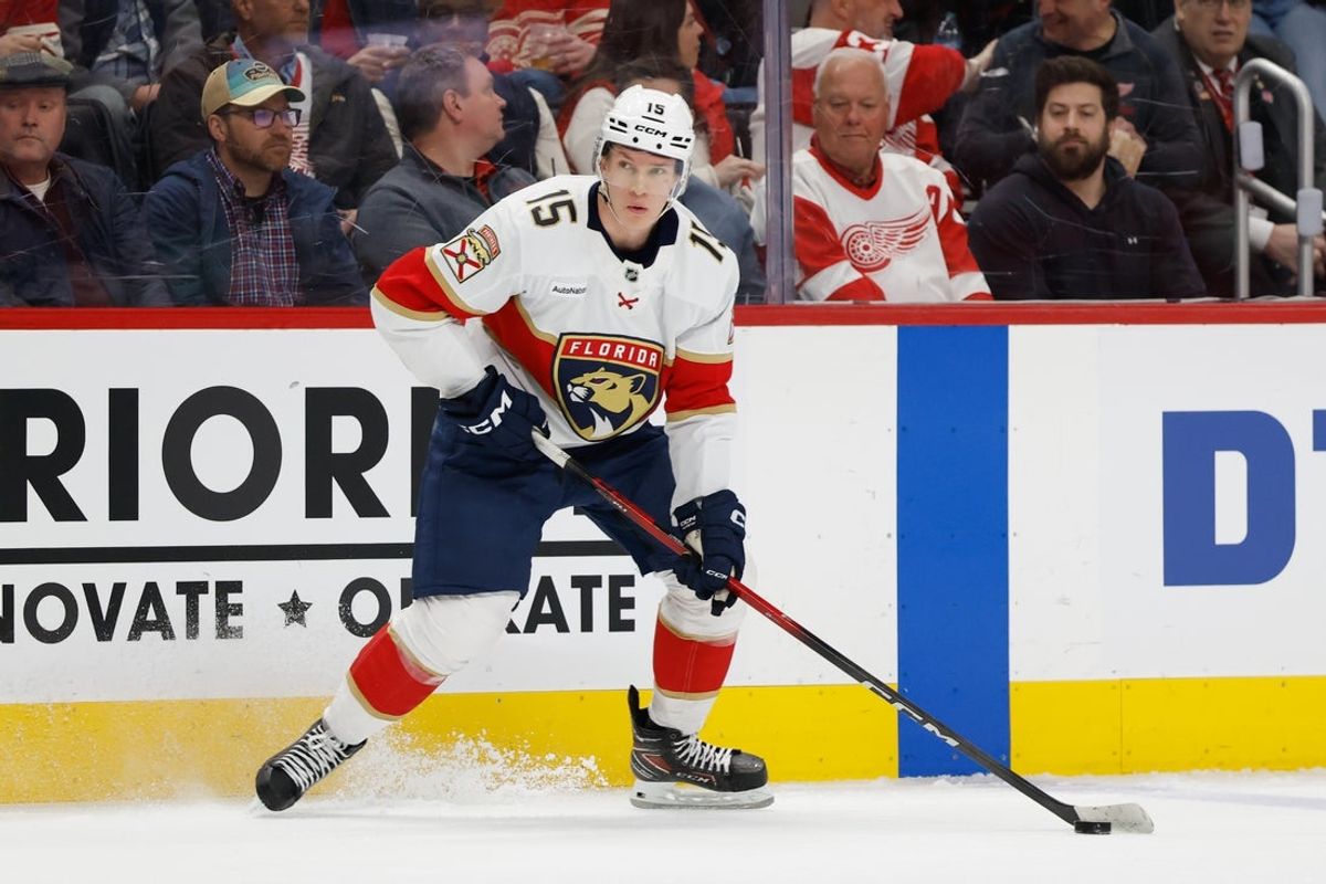 Mar 6, 2026; Detroit, Michigan, USA;  Florida Panthers center Anton Lundell (15) skates with the puck in the first period against the Detroit Red Wings at Little Caesars Arena. Mandatory Credit: Rick Osentoski-Imagn Images