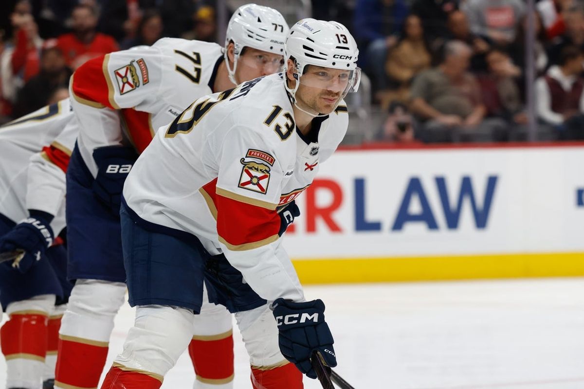Mar 6, 2026; Detroit, Michigan, USA;  Florida Panthers center Sam Reinhart (13) gets set during a face-off in the second period against the Detroit Red Wings at Little Caesars Arena. Mandatory Credit: Rick Osentoski-Imagn Images