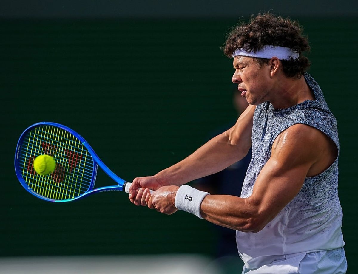 Ben Shelton connects with the ball during his second-round match at the BNP Paribas Open in Indian Wells, Calif., Friday, March 6, 2026.