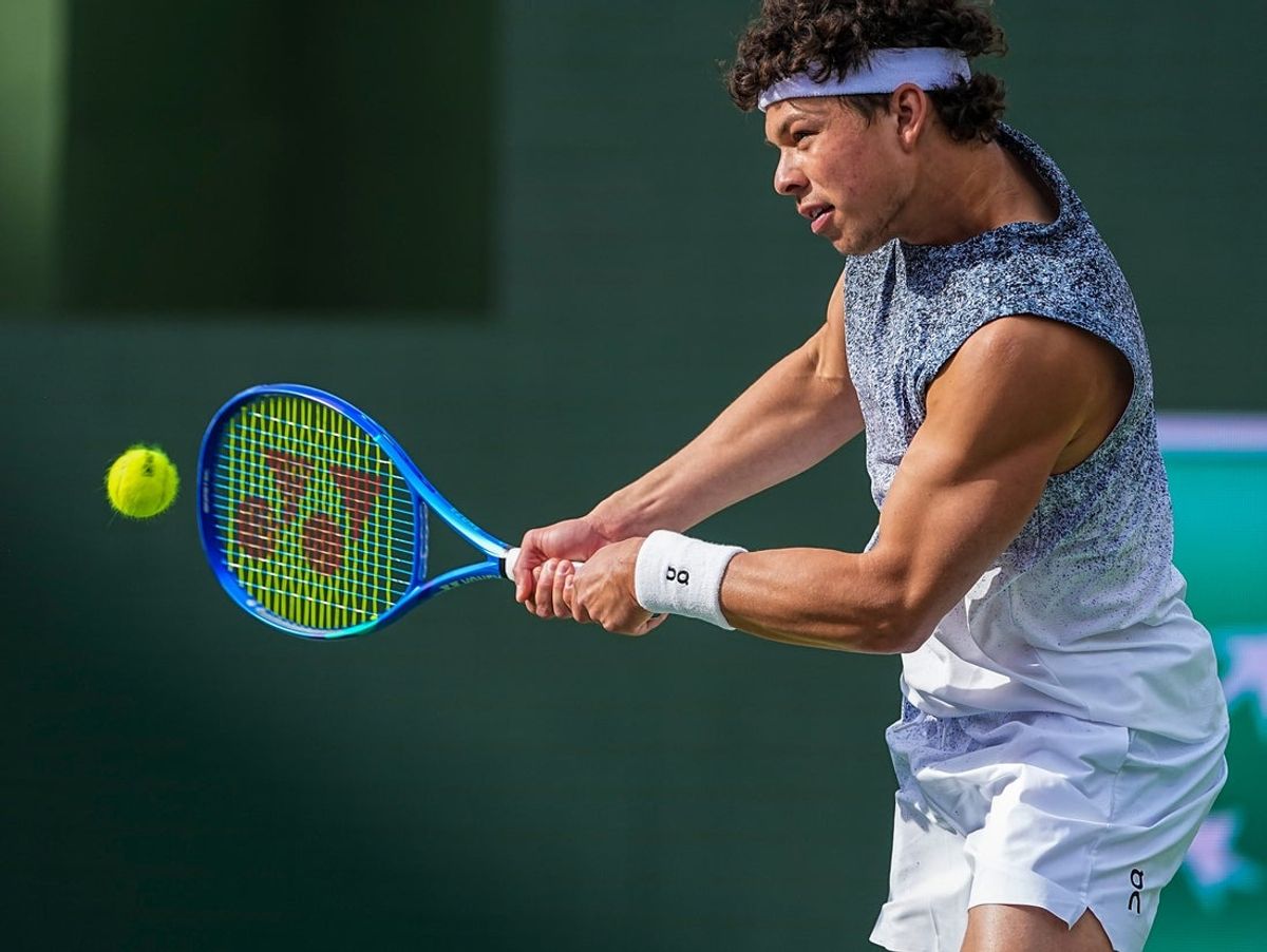 Ben Shelton hits to Reilly Opelka during their second-round match at the BNP Paribas Open in Indian Wells, Calif., Friday, March 6, 2026.