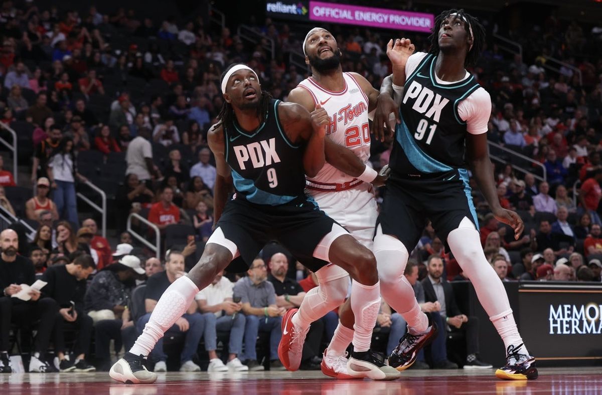 Mar 6, 2026; Houston, Texas, USA; Portland Trail Blazers forward Jerami Grant (9) and guard Sidy Cissoko (91) try to box out Houston Rockets guard Josh Okogie (20) in the first half at Toyota Center. Mandatory Credit: Thomas Shea-Imagn Images