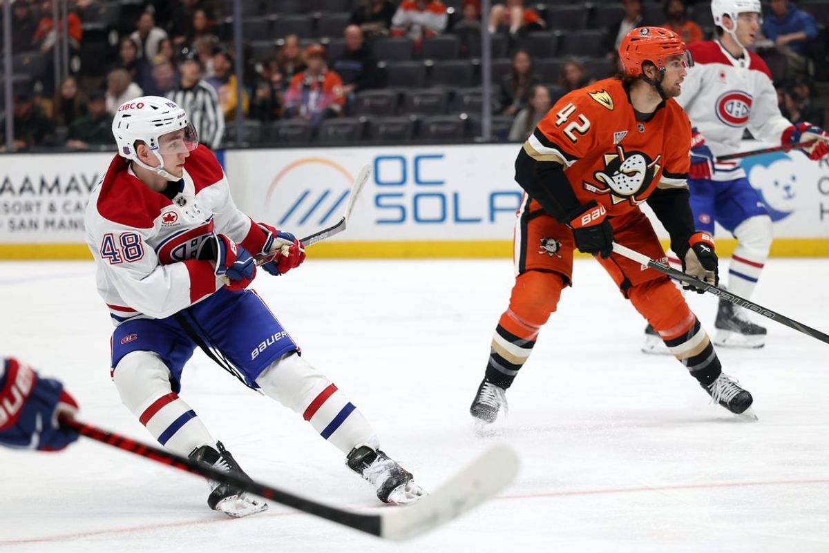 Mar 6, 2026; Anaheim, California, USA;  Montreal Canadiens defenseman Lane Hutson (48) reacts after scoring a goal during the first period against the Anaheim Ducks at Honda Center. Mandatory Credit: Kiyoshi Mio-Imagn Images