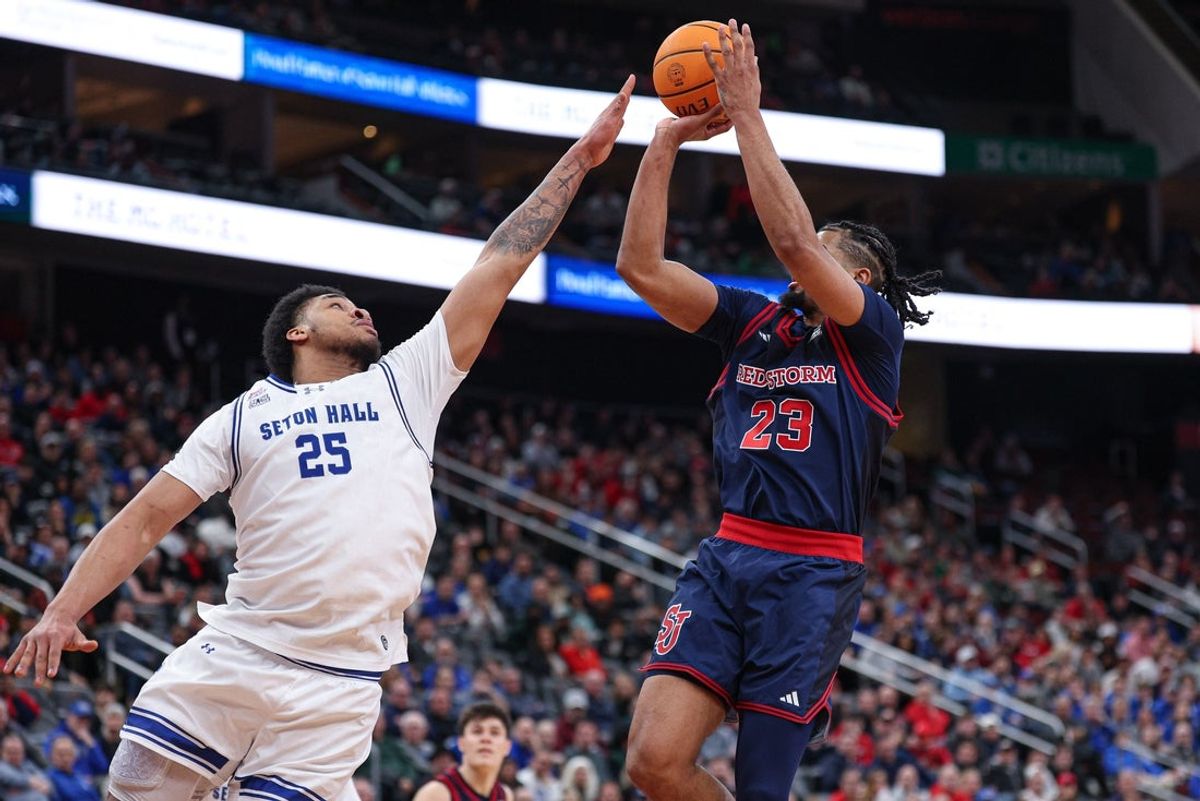 Mar 6, 2026; Newark, New Jersey, USA; St. John's Red Storm forward Bryce Hopkins (23) shoots the ball during the first half Seton Hall Pirates center Najai Hines (25) at Prudential Center. Mandatory Credit: Vincent Carchietta-Imagn Images