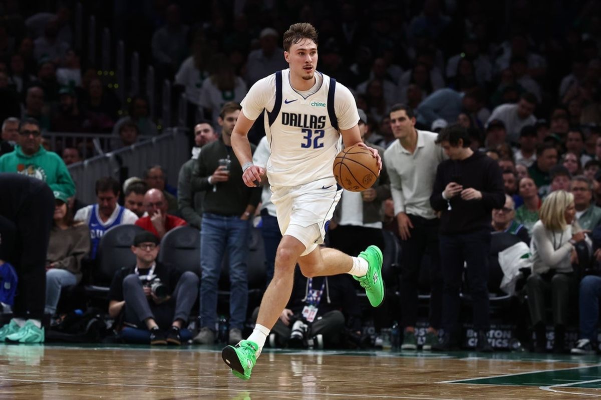 Mar 6, 2026; Boston, Massachusetts, USA; Dallas Mavericks forward Cooper Flagg (32) brings the ball up the court against the Boston Celtics during the second half at TD Garden. Mandatory Credit: Winslow Townson-Imagn Images